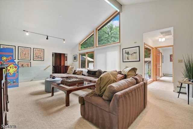 carpeted living room with beam ceiling, track lighting, high vaulted ceiling, and a baseboard radiator