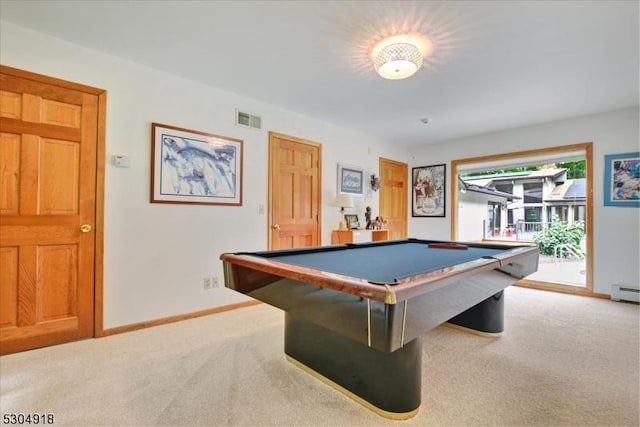 rec room featuring pool table and carpet