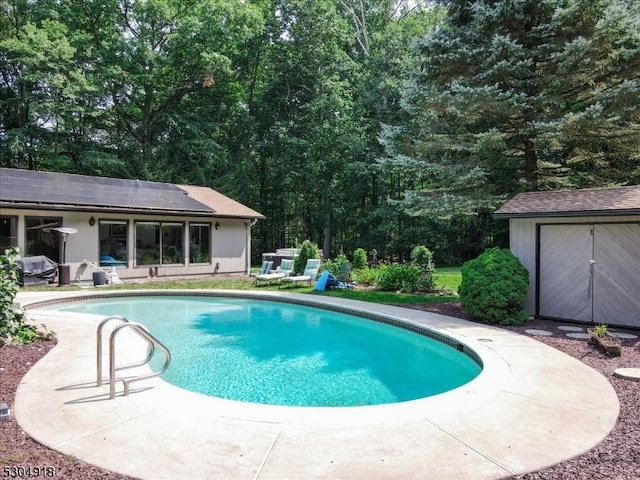 view of swimming pool with a shed