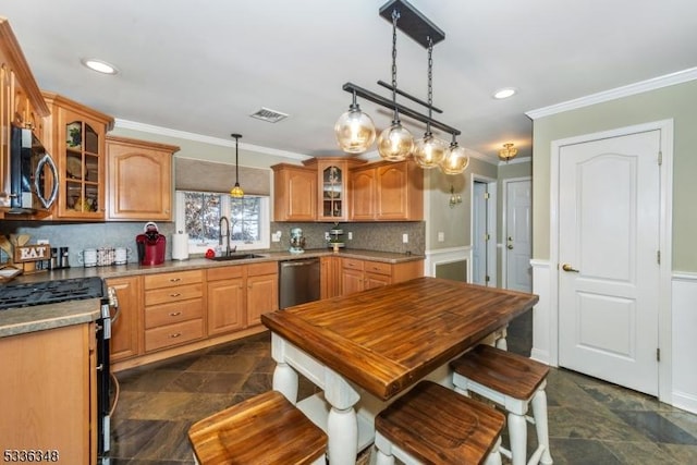 kitchen with sink, crown molding, decorative light fixtures, appliances with stainless steel finishes, and backsplash