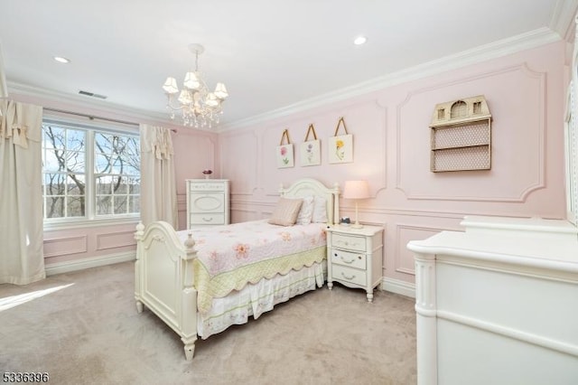 bedroom with light carpet, visible vents, ornamental molding, a decorative wall, and a notable chandelier