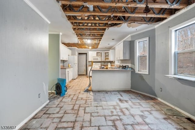 kitchen with white cabinetry, white appliances, and kitchen peninsula