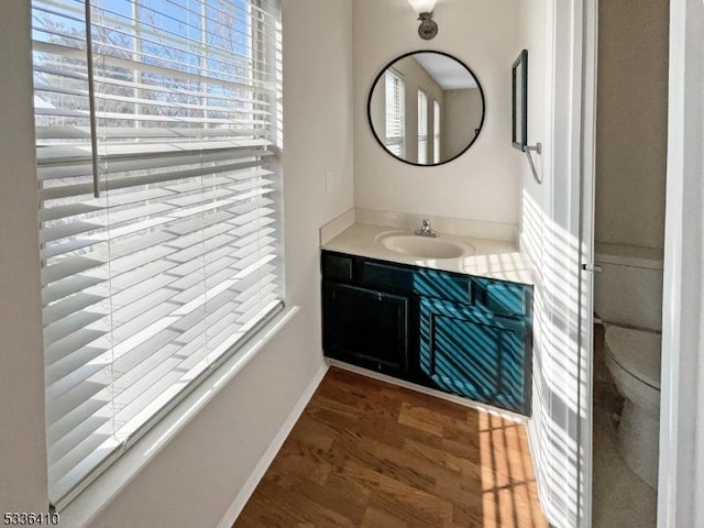 bathroom with hardwood / wood-style flooring, vanity, and toilet