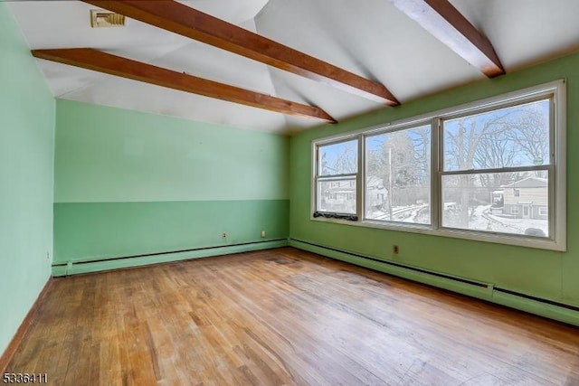 additional living space featuring a baseboard radiator, light hardwood / wood-style flooring, and vaulted ceiling with beams