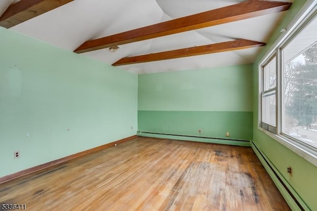 additional living space with a baseboard heating unit, vaulted ceiling with beams, and light wood-type flooring