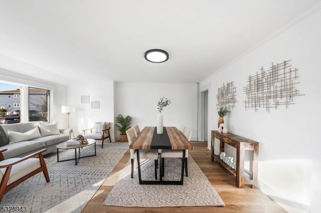 living room featuring crown molding and light hardwood / wood-style flooring