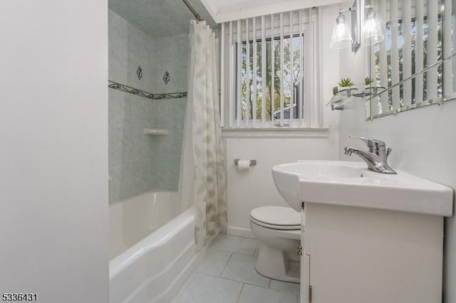 full bathroom with vanity, tile patterned flooring, shower / bath combination with curtain, and toilet