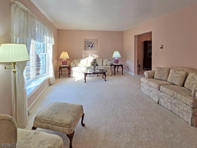 living room featuring light carpet