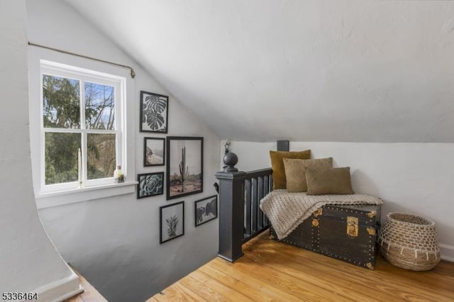 bedroom with lofted ceiling and hardwood / wood-style floors