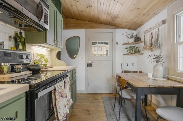 kitchen featuring lofted ceiling, wooden ceiling, electric range, and green cabinetry