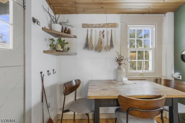 dining room with wood ceiling and plenty of natural light