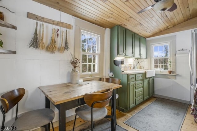 kitchen featuring sink, wooden ceiling, light hardwood / wood-style floors, and green cabinetry