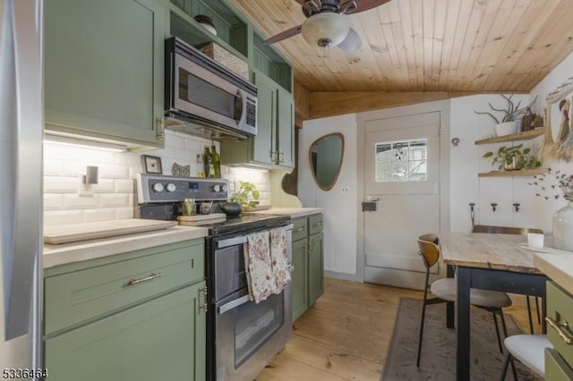 kitchen with tasteful backsplash, wood ceiling, green cabinetry, stainless steel appliances, and light hardwood / wood-style flooring