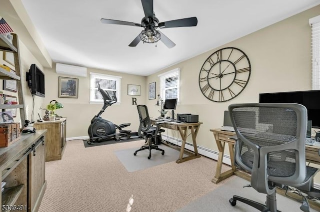 office area with light carpet, ceiling fan, and a wall mounted AC