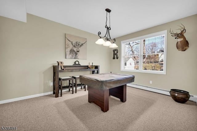 game room featuring baseboard heating, light colored carpet, and pool table