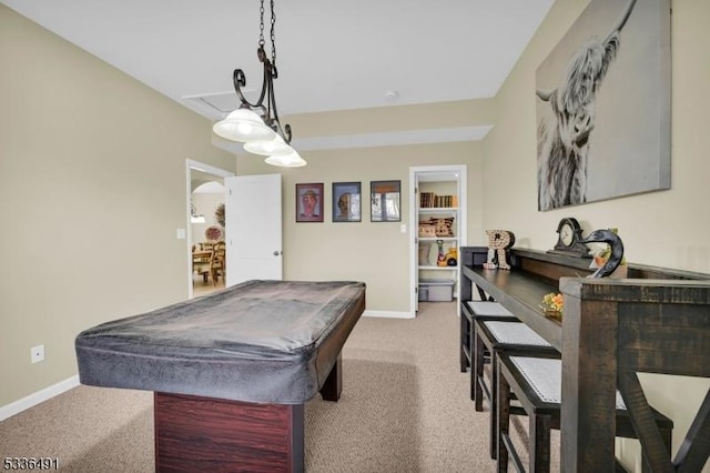 recreation room featuring light colored carpet and billiards