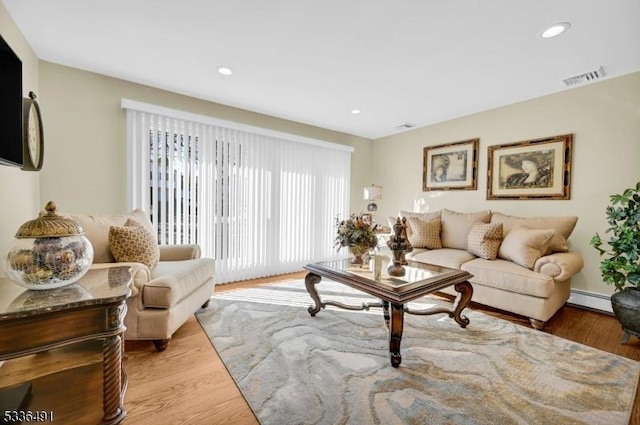 living room with a baseboard radiator and wood-type flooring