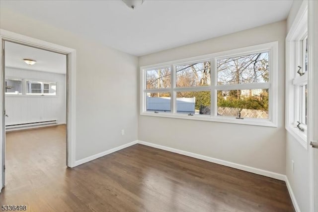 empty room with dark hardwood / wood-style flooring and a baseboard heating unit