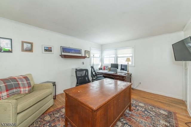 office space featuring wood-type flooring and ornamental molding