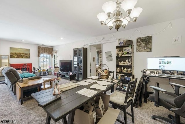 dining space with light carpet, a notable chandelier, and recessed lighting