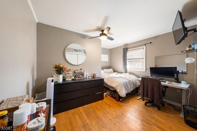 bedroom featuring light hardwood / wood-style flooring and ceiling fan