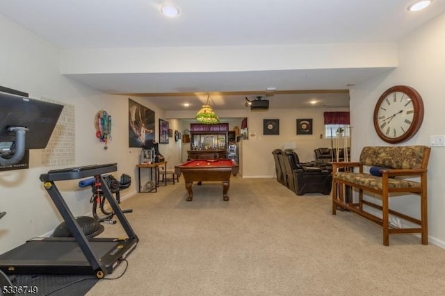 game room with pool table and light colored carpet