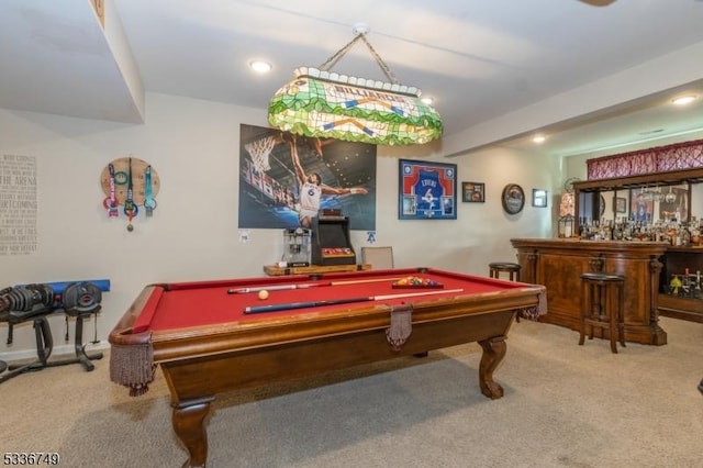 game room featuring indoor bar, carpet flooring, and billiards