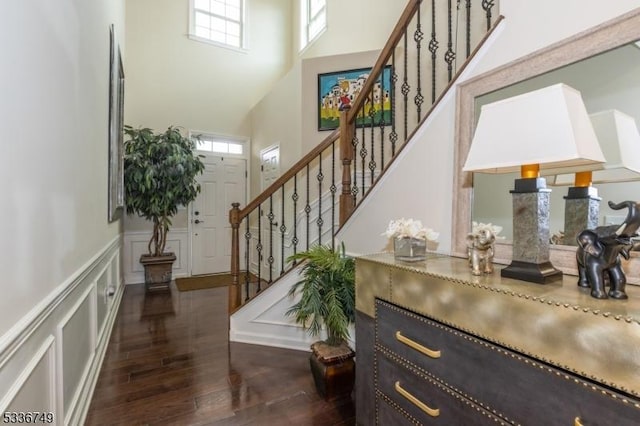 foyer with a high ceiling and dark wood-type flooring