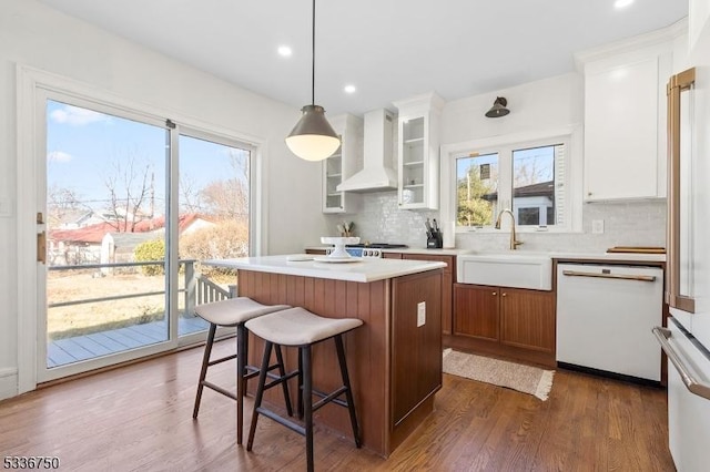 kitchen featuring sink, a center island, white dishwasher, custom range hood, and white cabinets