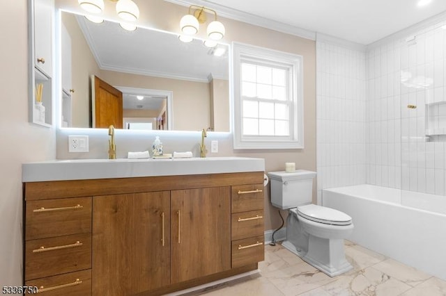 full bathroom featuring crown molding, tiled shower / bath, vanity, and toilet