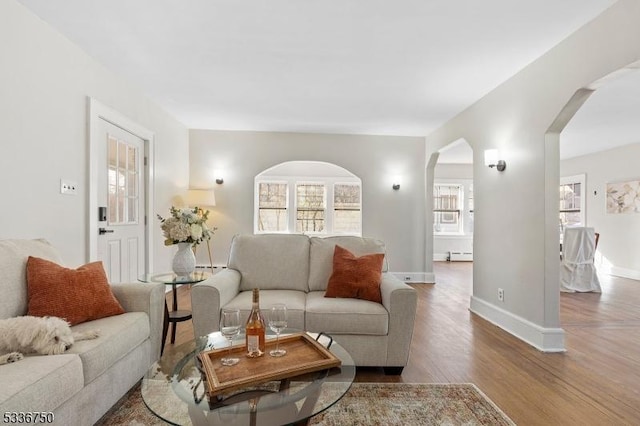 living room featuring wood-type flooring and a baseboard radiator