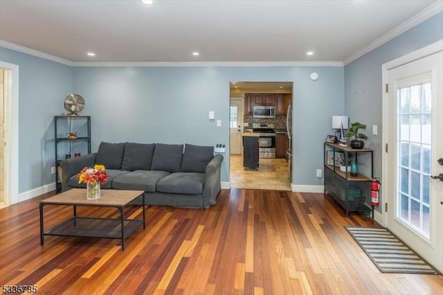 living room featuring ornamental molding and dark hardwood / wood-style floors