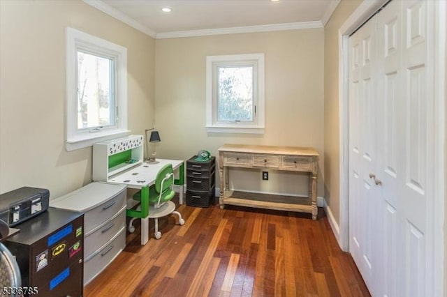 office space featuring ornamental molding and dark hardwood / wood-style floors