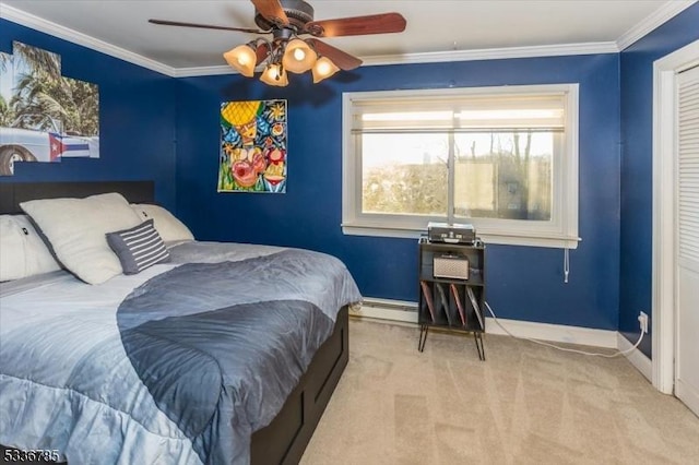 carpeted bedroom with crown molding, ceiling fan, and baseboard heating