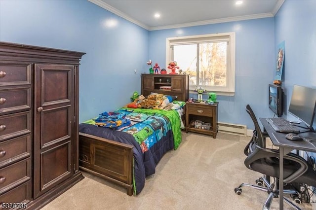 carpeted bedroom featuring ornamental molding and baseboard heating