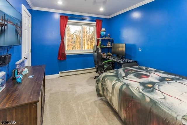 carpeted bedroom featuring crown molding and a baseboard heating unit