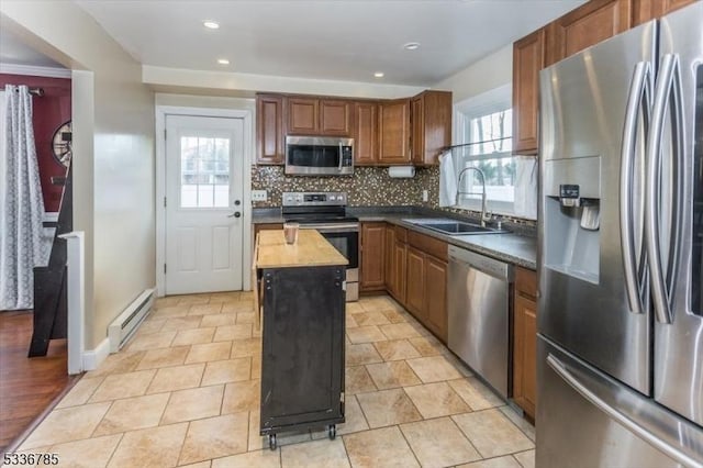 kitchen featuring sink, wooden counters, stainless steel appliances, tasteful backsplash, and a baseboard radiator