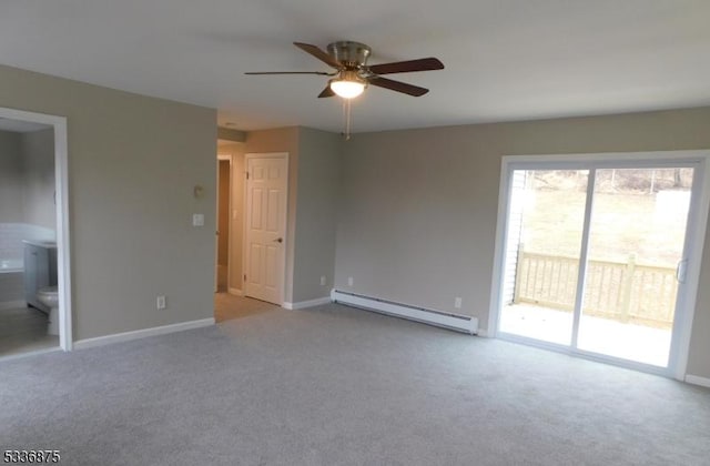 unfurnished room featuring light carpet, ceiling fan, and baseboard heating