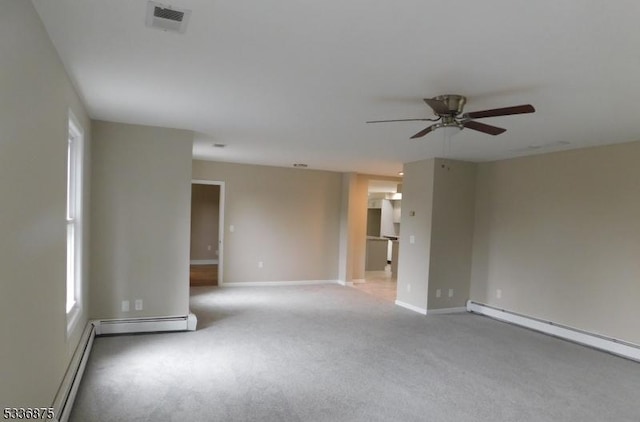 carpeted empty room featuring a baseboard radiator and ceiling fan