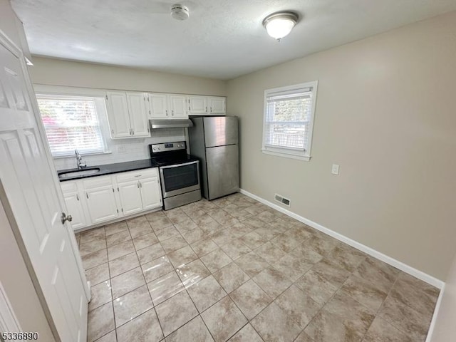 kitchen featuring tasteful backsplash, sink, white cabinets, and appliances with stainless steel finishes