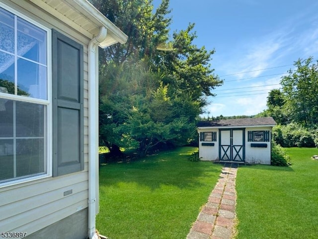 view of yard featuring a storage unit