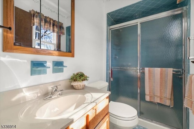 bathroom featuring toilet, a stall shower, and vanity