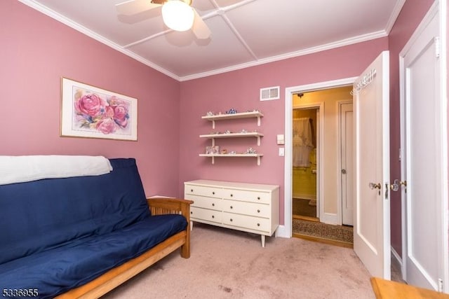 sitting room featuring crown molding, light colored carpet, and ceiling fan