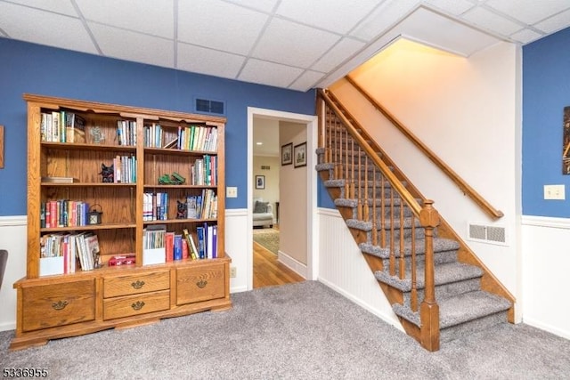 staircase with a drop ceiling and carpet flooring