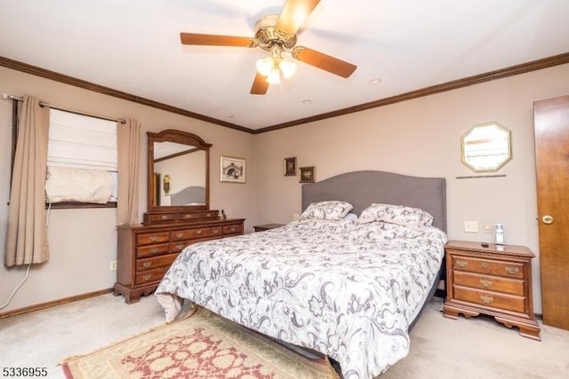 bedroom with ceiling fan, light colored carpet, and ornamental molding