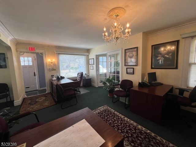 home office featuring ornamental molding, a chandelier, and a wealth of natural light