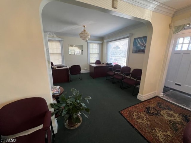 carpeted office with ornamental molding