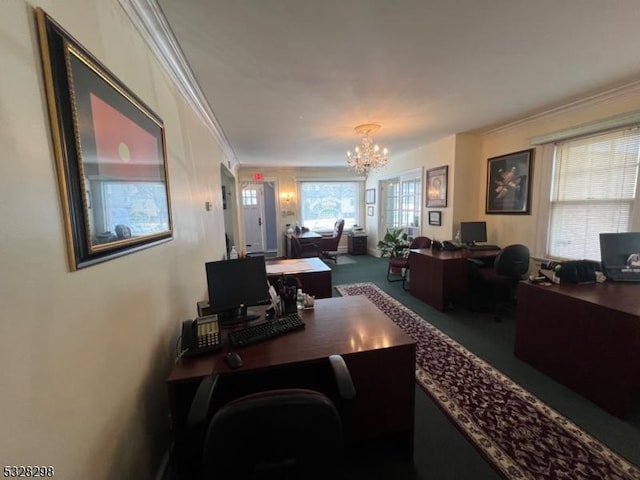 office featuring ornamental molding, carpet flooring, and a chandelier