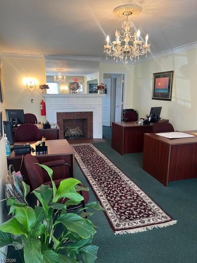 interior space with crown molding, a chandelier, and a brick fireplace