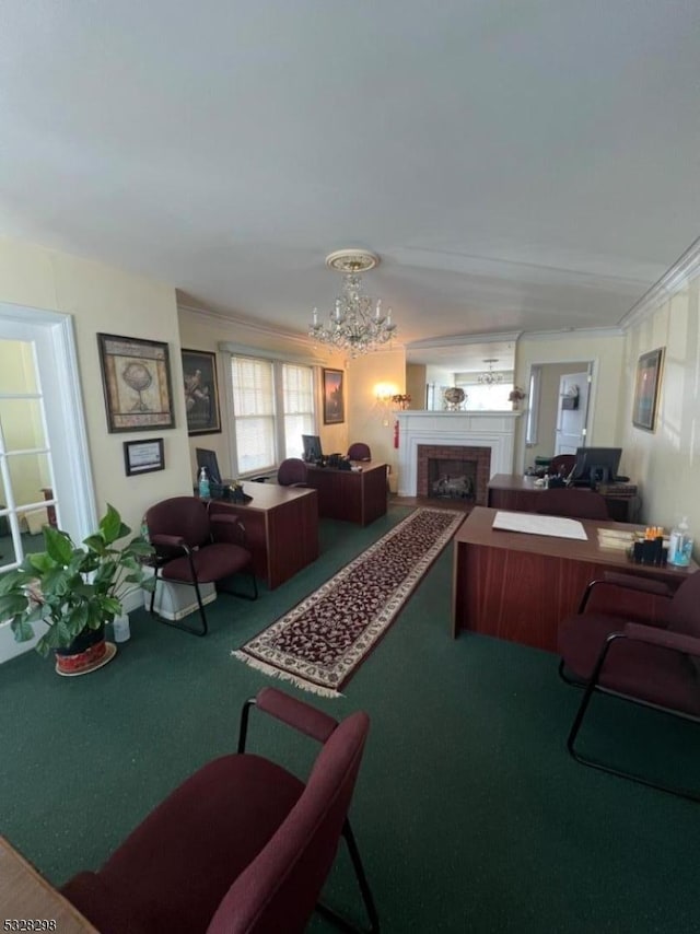 carpeted living room featuring a chandelier